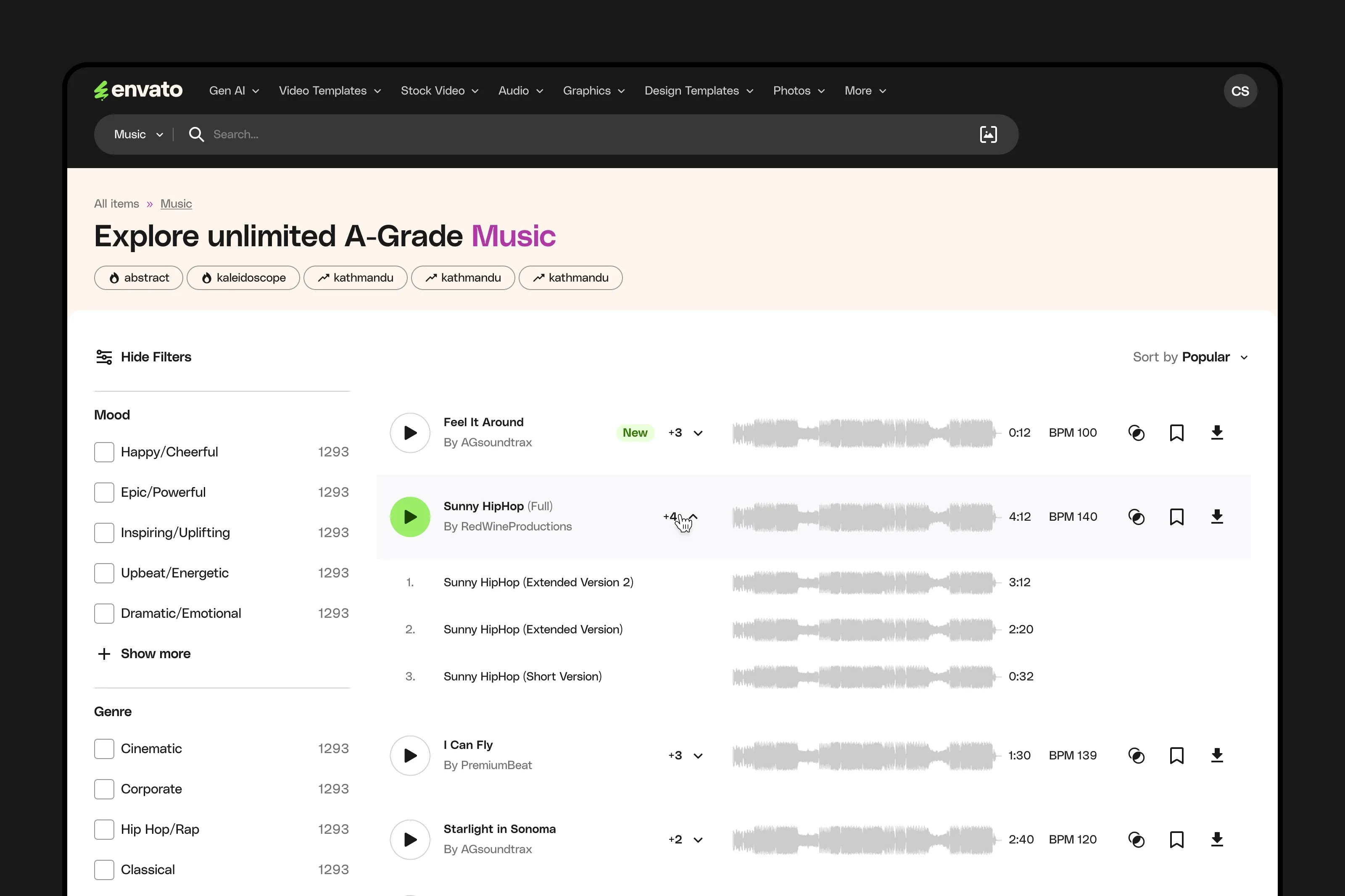 Music results page and filter