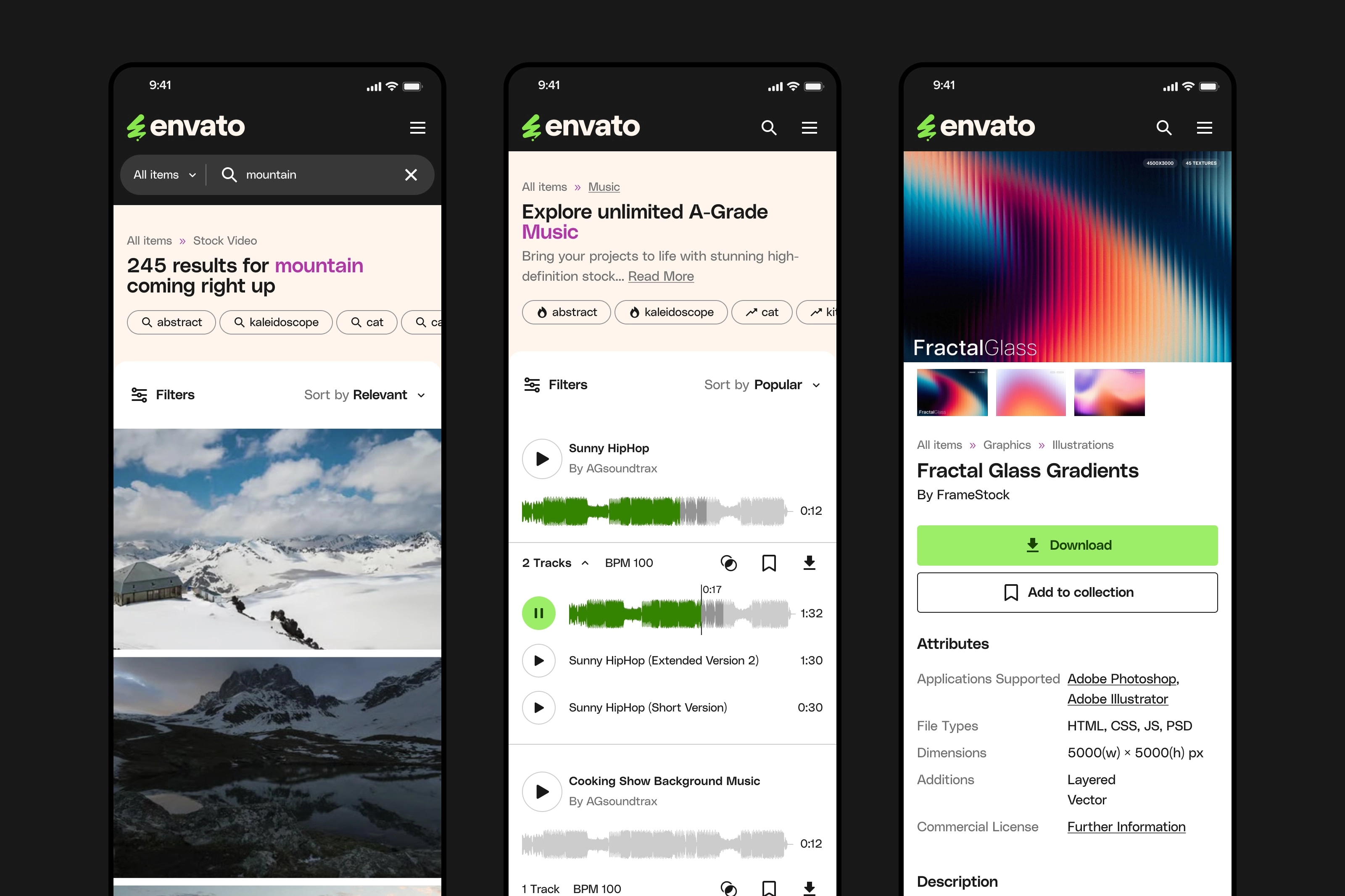 Mobile versions of video, music, item detail